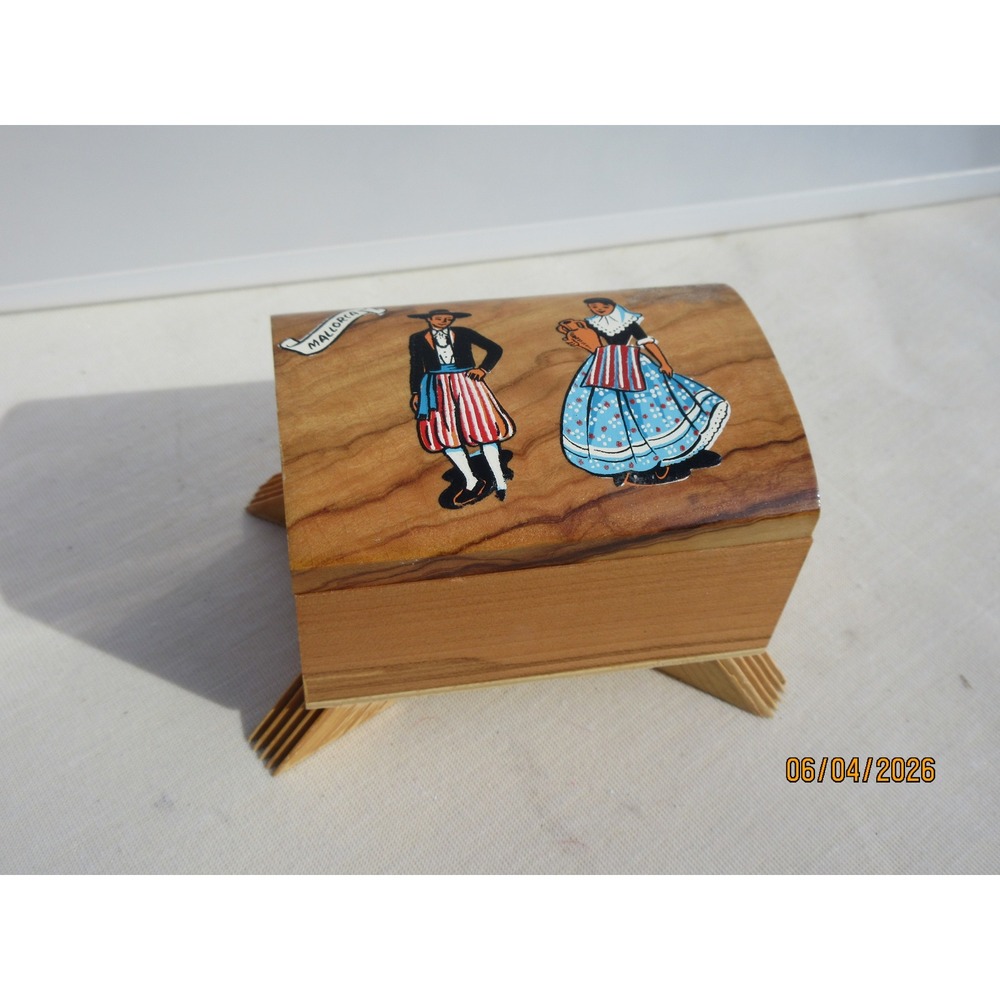 Vintage Mallorca Olive Wood Jewelry Box Hand Painted Spanish Folk Art Souvenir